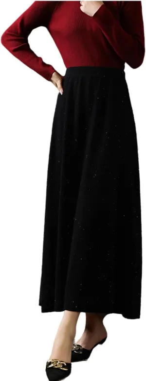 Long Skirt Women's 100% Merino Wool Knitted Skirt Winter Warm Ribbed Elastic Waist Sequin Skirts