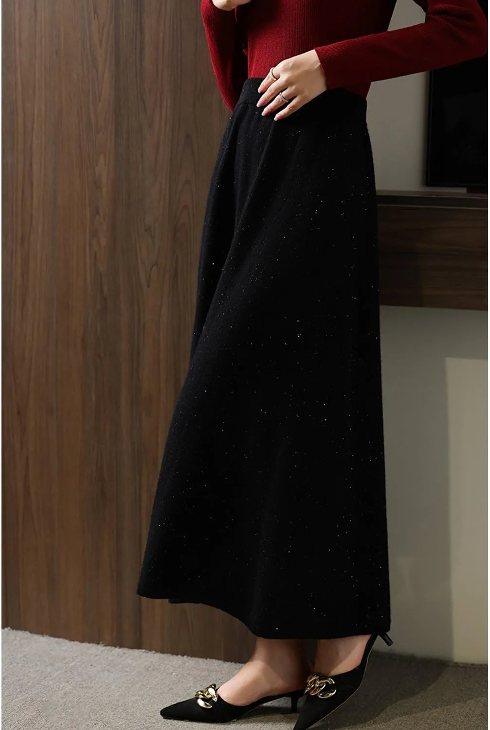 Long Skirt Women's 100% Merino Wool Knitted Skirt Winter Warm Ribbed Elastic Waist Sequin Skirts