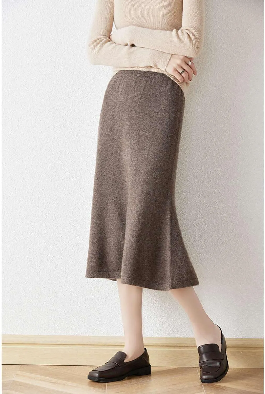 Long Skirt Women's Autumn Winter 100% Merino Wool Knit Skirt Girl's Ribbed Elastic Pleated Fishtail Skirts