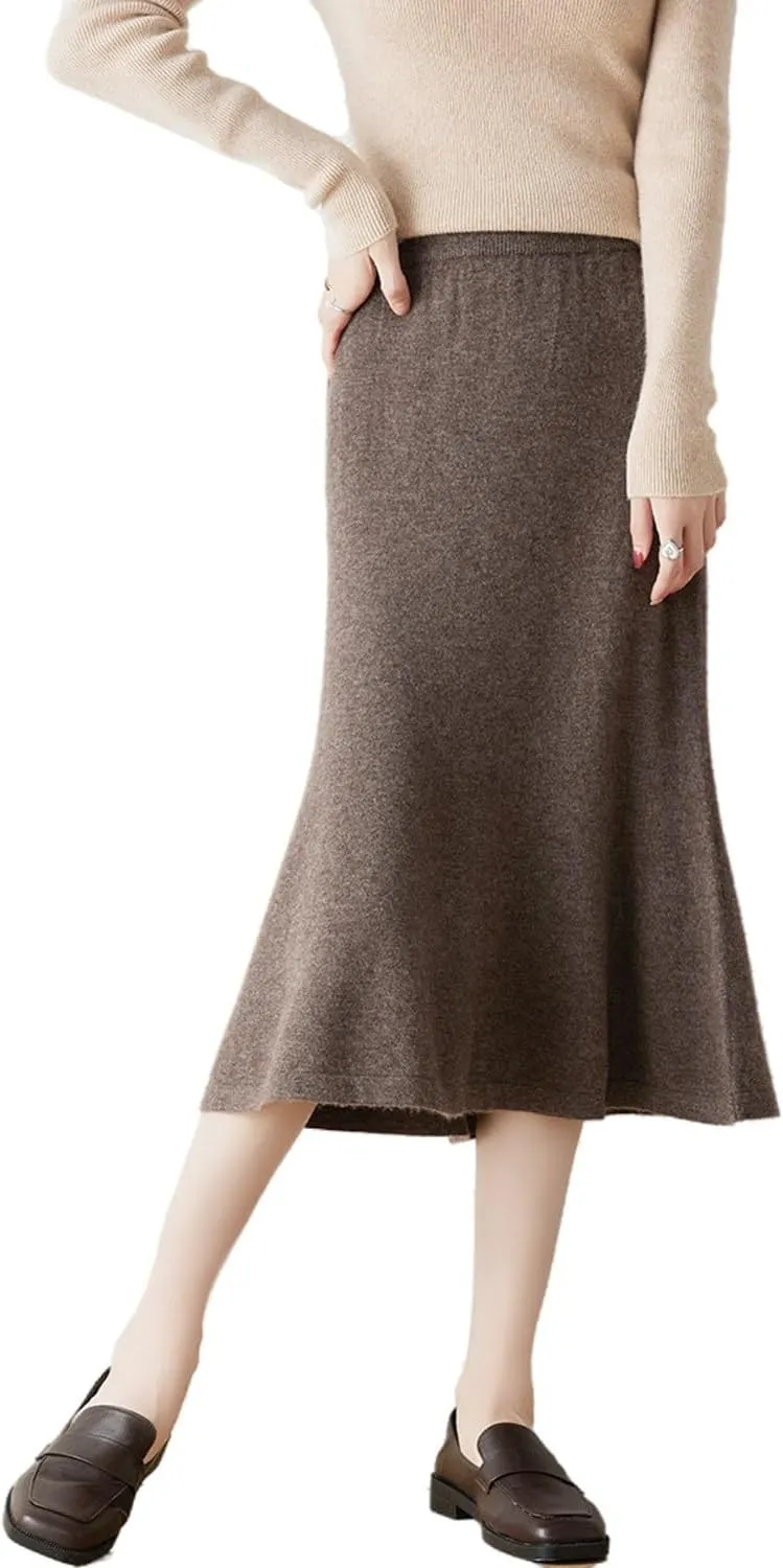 Long Skirt Women's Autumn Winter 100% Merino Wool Knit Skirt Girl's Ribbed Elastic Pleated Fishtail Skirts