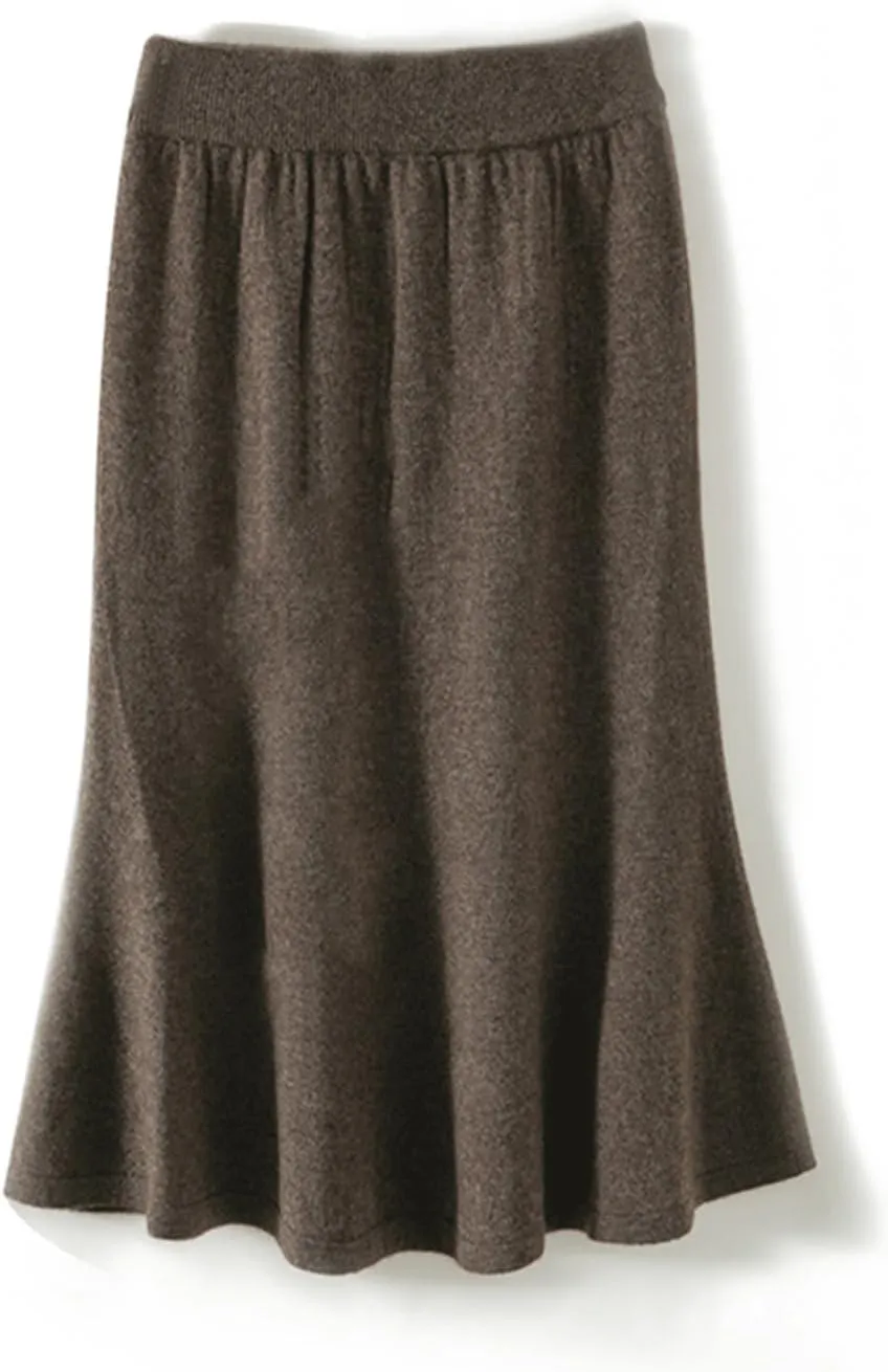Long Skirt Women's Autumn Winter 100% Merino Wool Knit Skirt Girl's Ribbed Elastic Pleated Fishtail Skirts