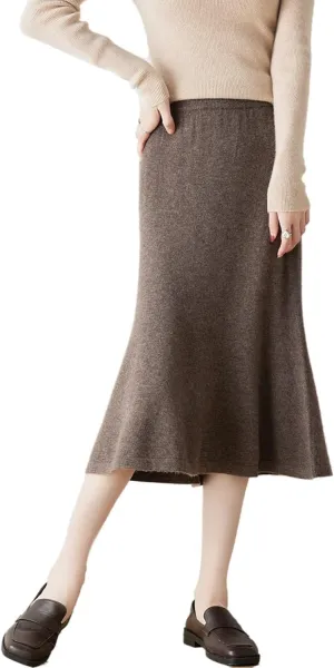 Long Skirt Women's Autumn Winter 100% Merino Wool Knit Skirt Girl's Ribbed Elastic Pleated Fishtail Skirts