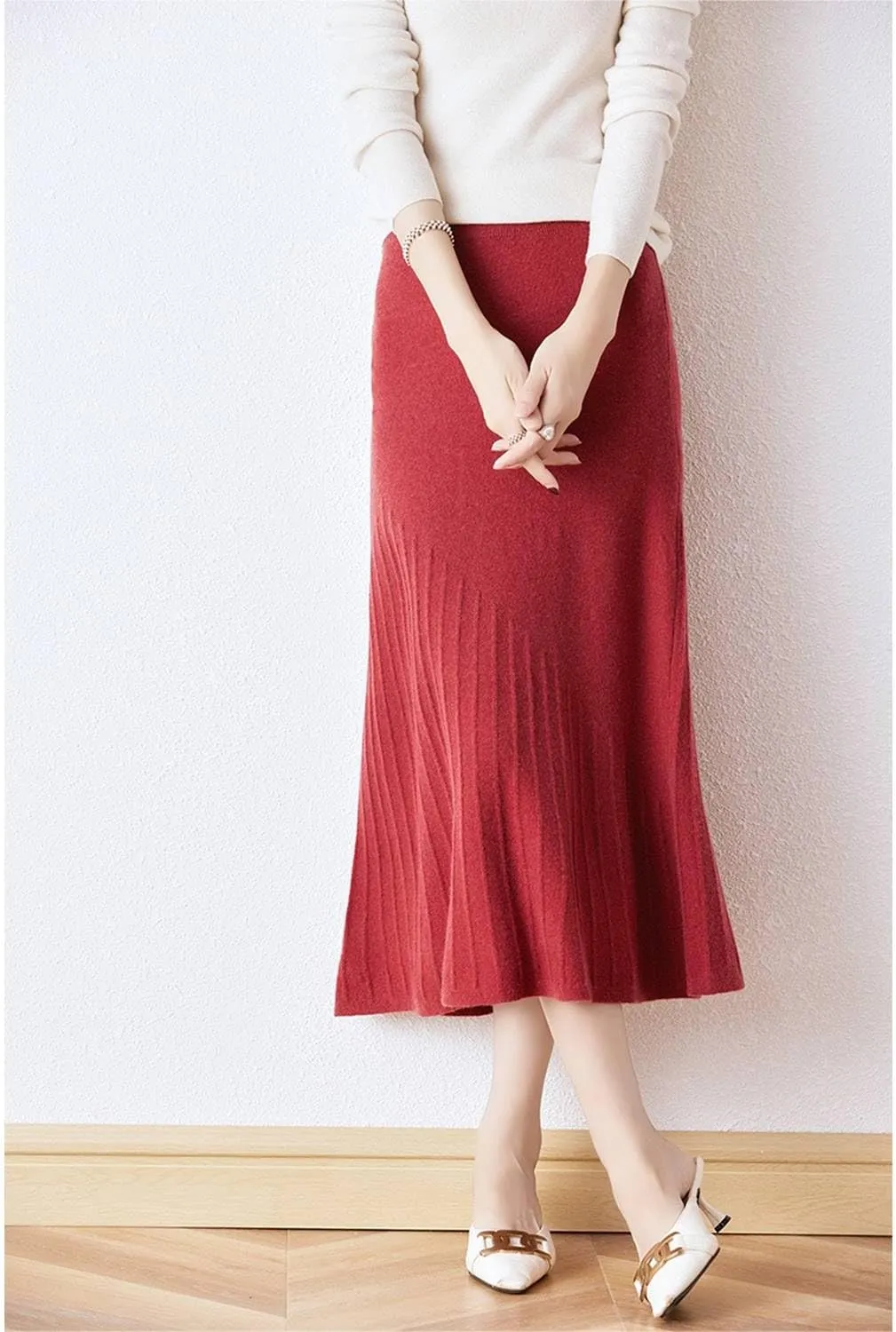 Long Skirt Women's Fall Winter 100% Merino Wool Knitted Skirt Ribbed Elastic Waist Fishtail Skirts