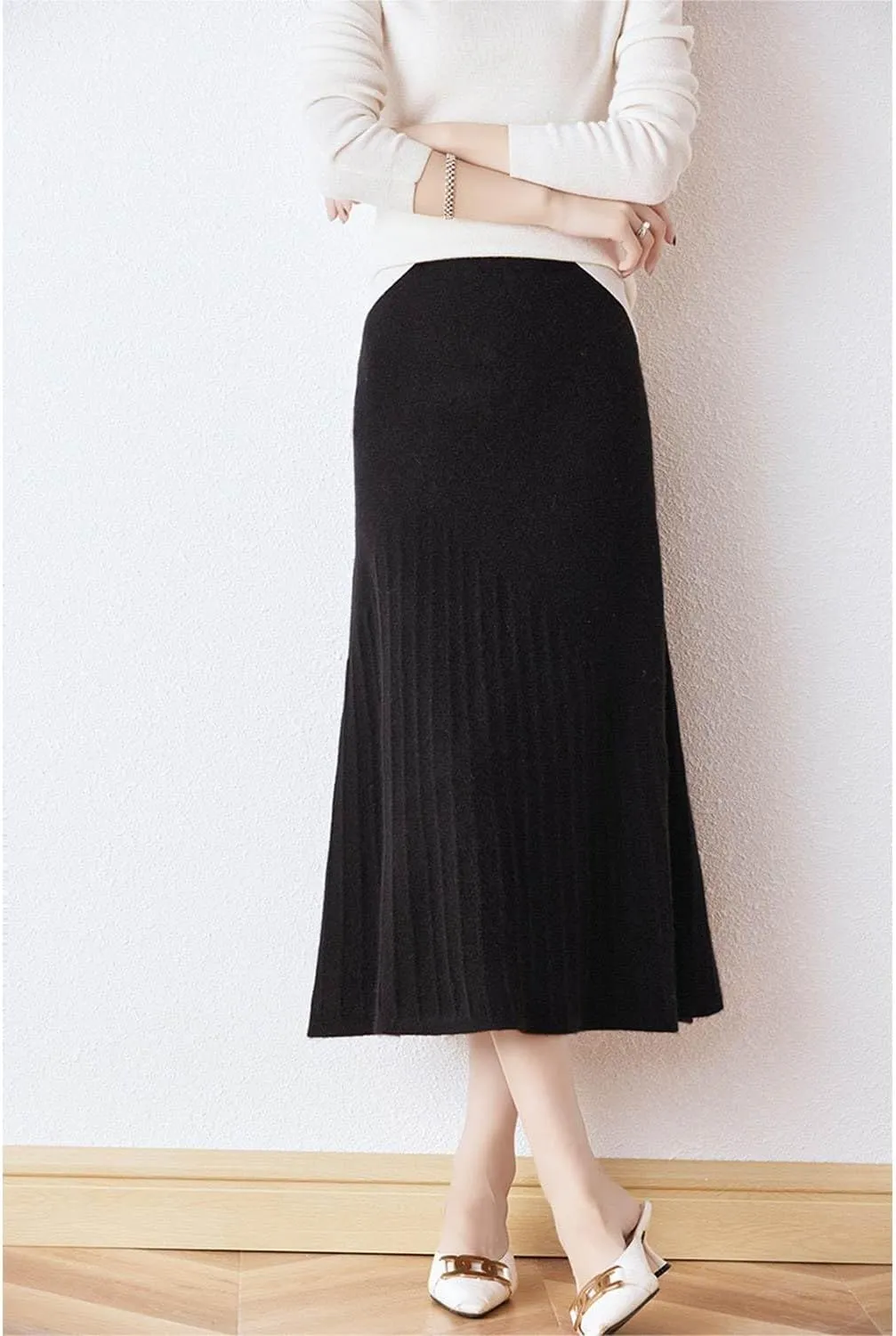 Long Skirt Women's Fall Winter 100% Merino Wool Knitted Skirt Ribbed Elastic Waist Fishtail Skirts