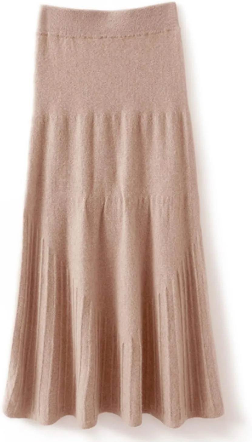 Long Skirt Women's Fall Winter 100% Merino Wool Knitted Skirt Ribbed Elastic Waist Fishtail Skirts