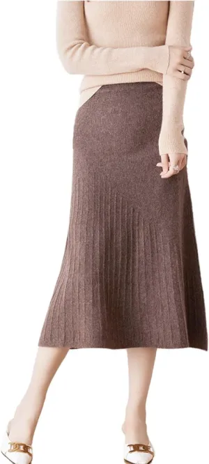 Long Skirt Women's Fall Winter 100% Merino Wool Knitted Skirt Ribbed Elastic Waist Fishtail Skirts