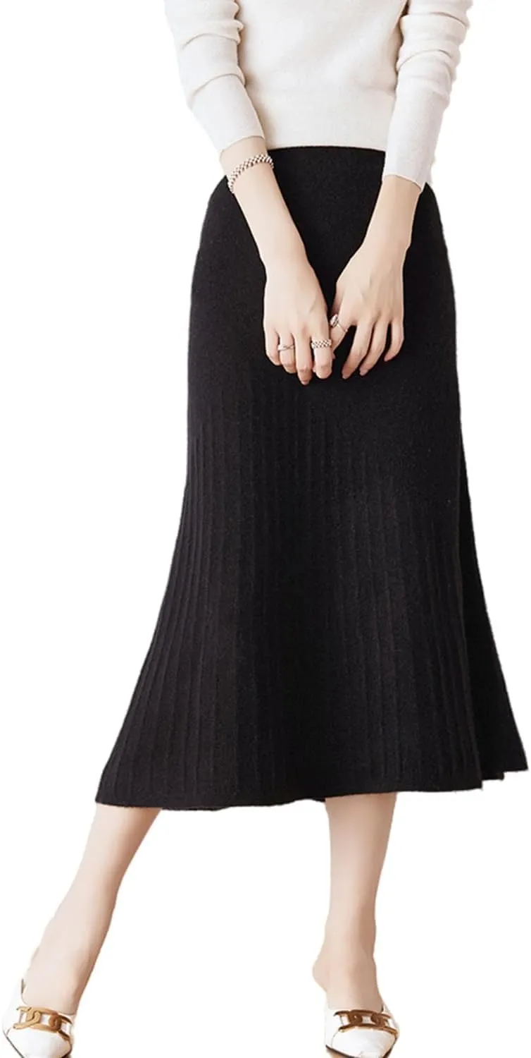 Long Skirt Women's Fall Winter 100% Merino Wool Knitted Skirt Ribbed Elastic Waist Fishtail Skirts