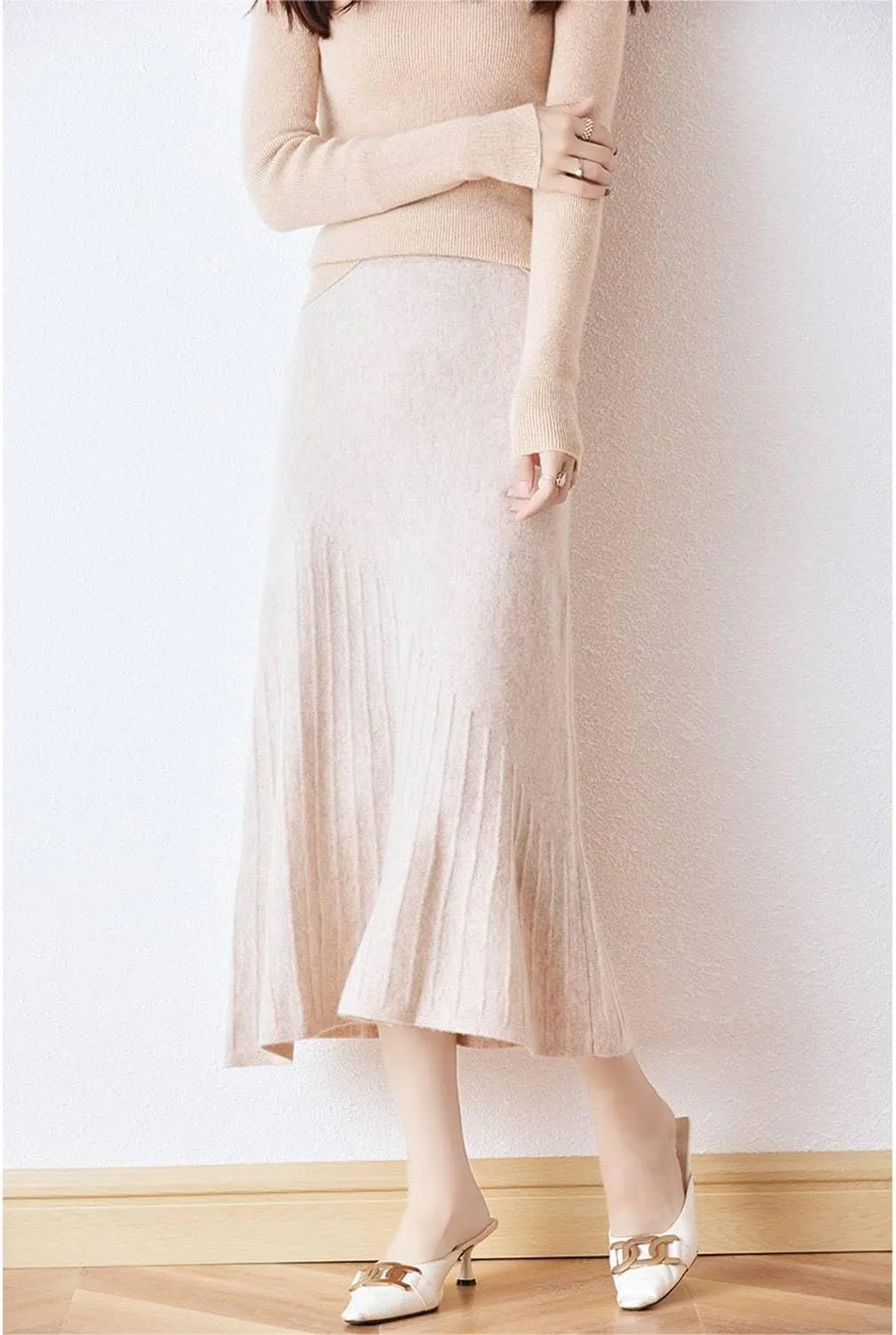 Long Skirt Women's Fall Winter 100% Merino Wool Knitted Skirt Ribbed Elastic Waist Fishtail Skirts