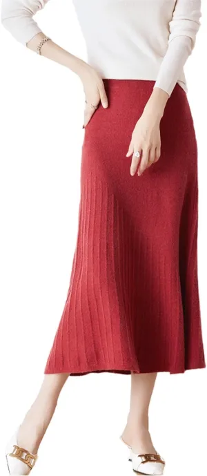 Long Skirt Women's Fall Winter 100% Merino Wool Knitted Skirt Ribbed Elastic Waist Fishtail Skirts