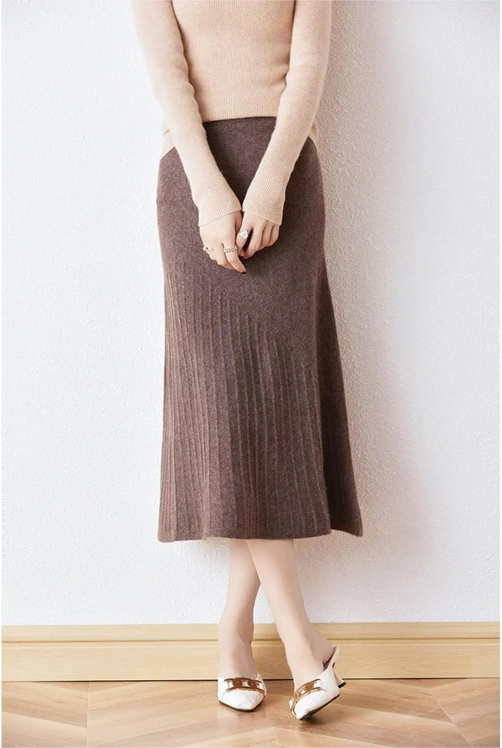 Long Skirt Women's Fall Winter 100% Merino Wool Knitted Skirt Ribbed Elastic Waist Fishtail Skirts