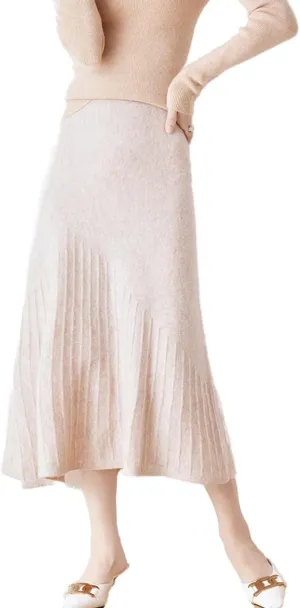 Long Skirt Women's Fall Winter 100% Merino Wool Knitted Skirt Ribbed Elastic Waist Fishtail Skirts