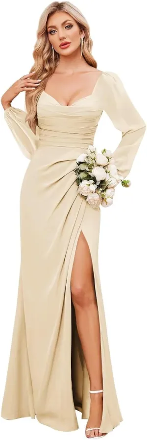 Long Sleeve Bridesmaid Dresses for Women Long Mermaid Chiffon Formal Dress Evening Gown with Slit