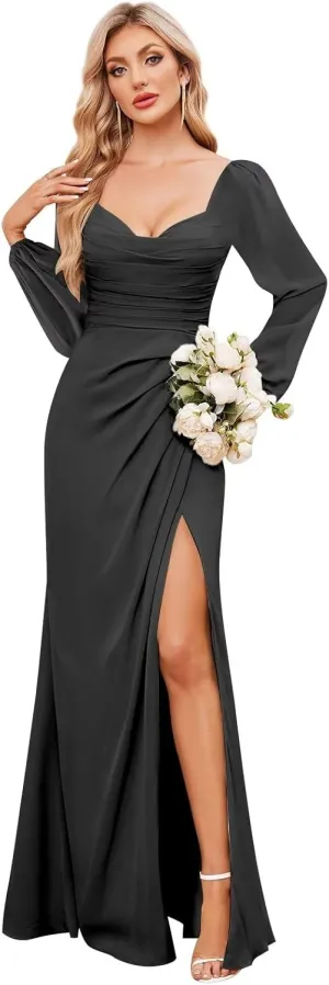 Long Sleeve Bridesmaid Dresses for Women Long Mermaid Chiffon Formal Dress Evening Gown with Slit