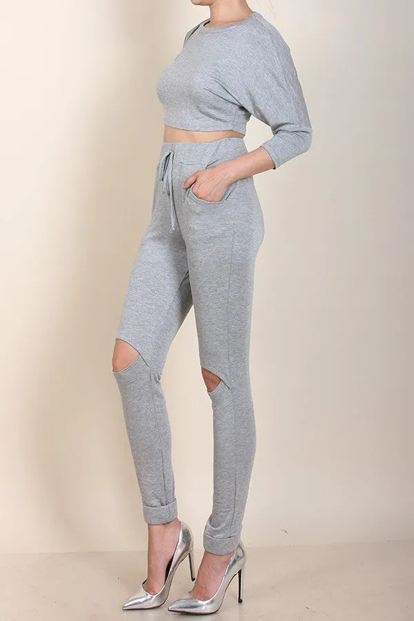 Long Sleeve Crop Top Knee Cut Out Sweatpants Set