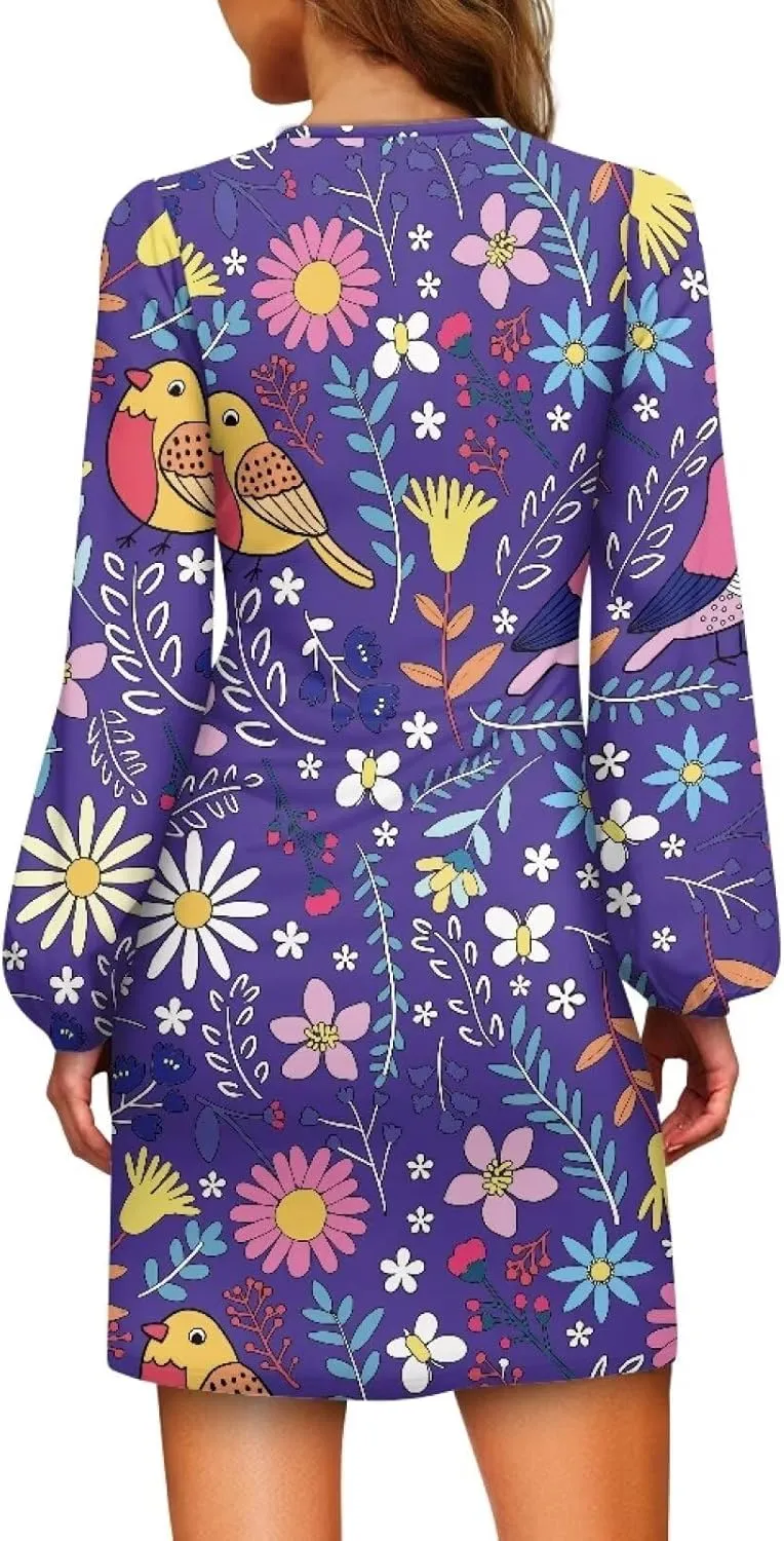 Long Sleeve Dress Women Tunic Dress Mini Shift Dress Tie Waist Fall Dress A-Line Short Dress Party Night Dress