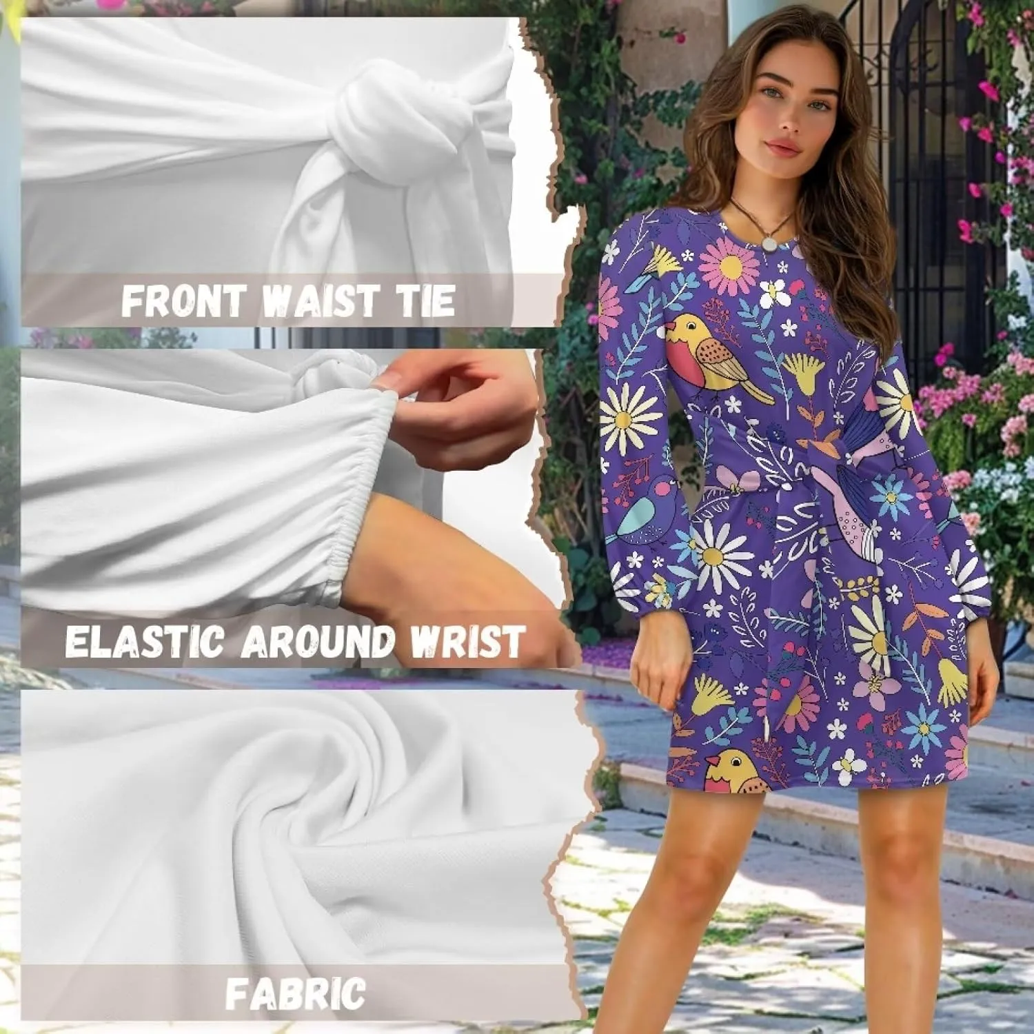 Long Sleeve Dress Women Tunic Dress Mini Shift Dress Tie Waist Fall Dress A-Line Short Dress Party Night Dress