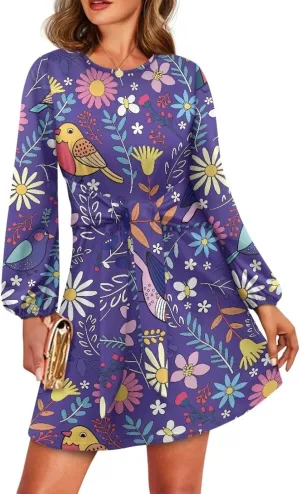 Long Sleeve Dress Women Tunic Dress Mini Shift Dress Tie Waist Fall Dress A-Line Short Dress Party Night Dress
