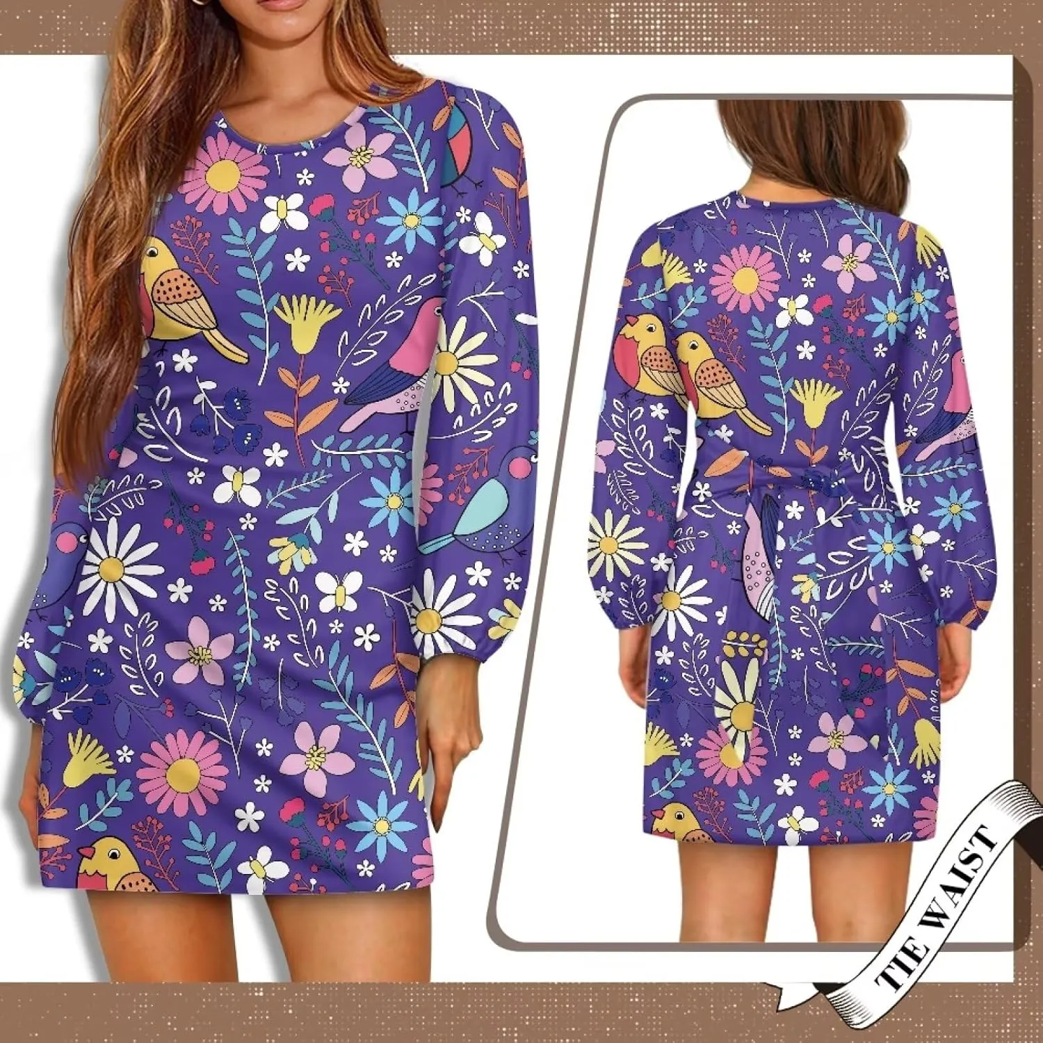 Long Sleeve Dress Women Tunic Dress Mini Shift Dress Tie Waist Fall Dress A-Line Short Dress Party Night Dress