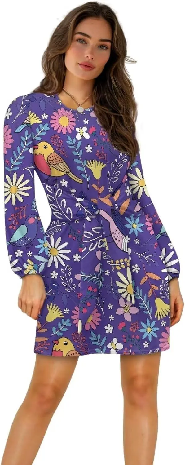 Long Sleeve Dress Women Tunic Dress Mini Shift Dress Tie Waist Fall Dress A-Line Short Dress Party Night Dress