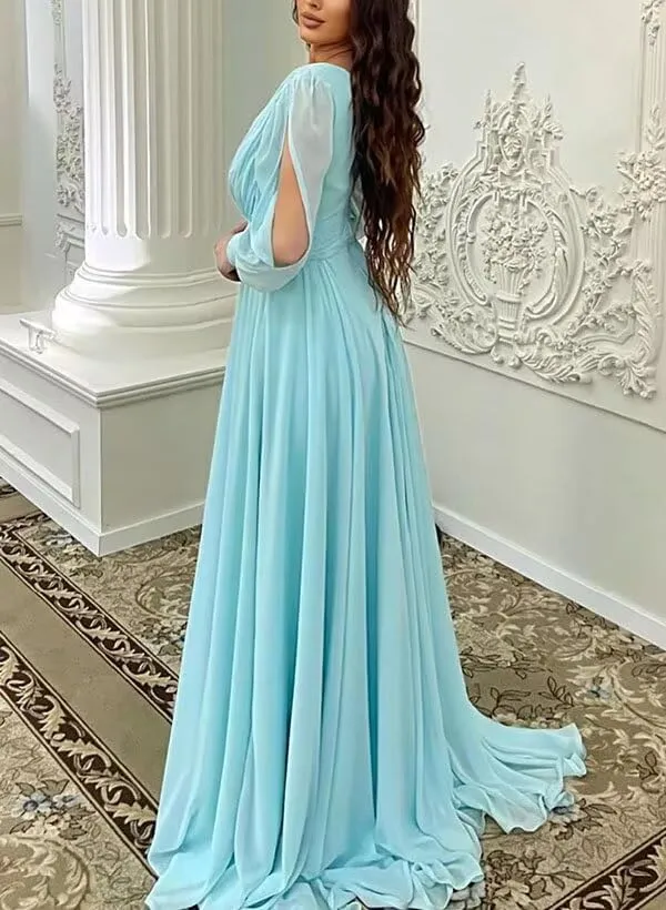 Long Sleeves V Neck Mermaid Prom Dresses Long Chiffon Pleated A-Line Split Formal Dresses Evening Party Gowns