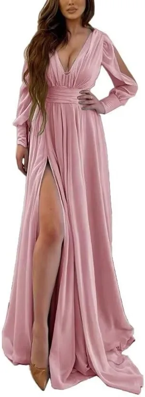 Long Sleeves V Neck Mermaid Prom Dresses Long Chiffon Pleated A-Line Split Formal Dresses Evening Party Gowns