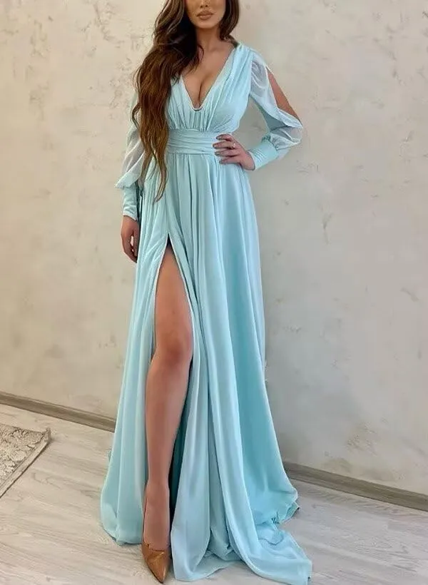 Long Sleeves V Neck Mermaid Prom Dresses Long Chiffon Pleated A-Line Split Formal Dresses Evening Party Gowns