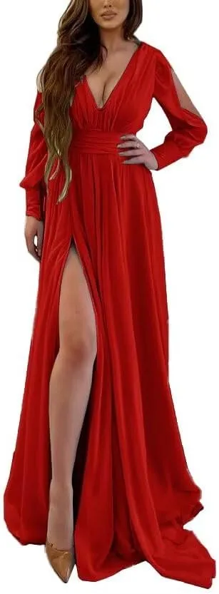 Long Sleeves V Neck Mermaid Prom Dresses Long Chiffon Pleated A-Line Split Formal Dresses Evening Party Gowns