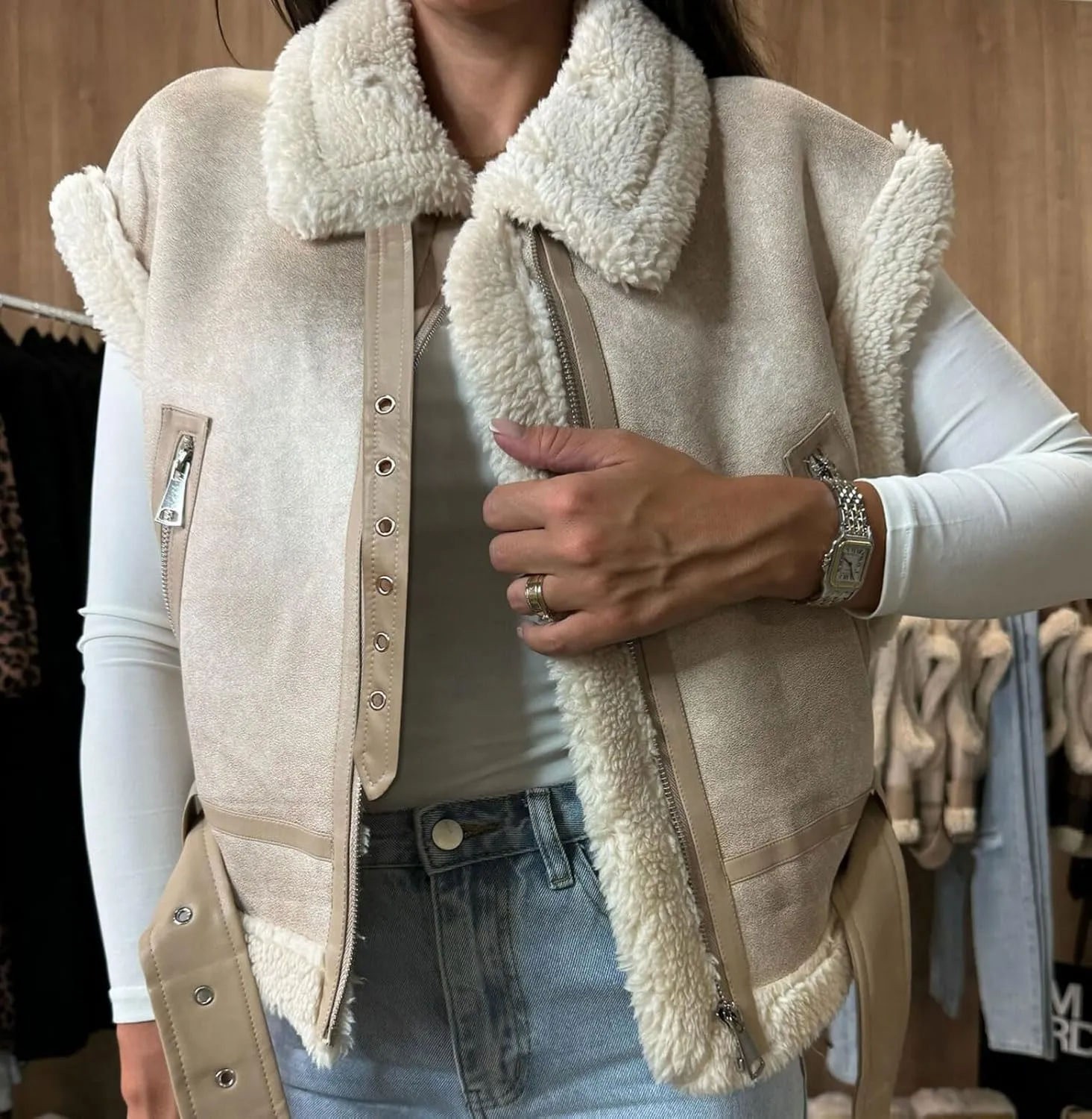 loveimgs Women Winter Sherpa Vest Faux Suede Jacket Shearling Fleece Leather Vest Sleeveless Moto Fur Coat with Belt