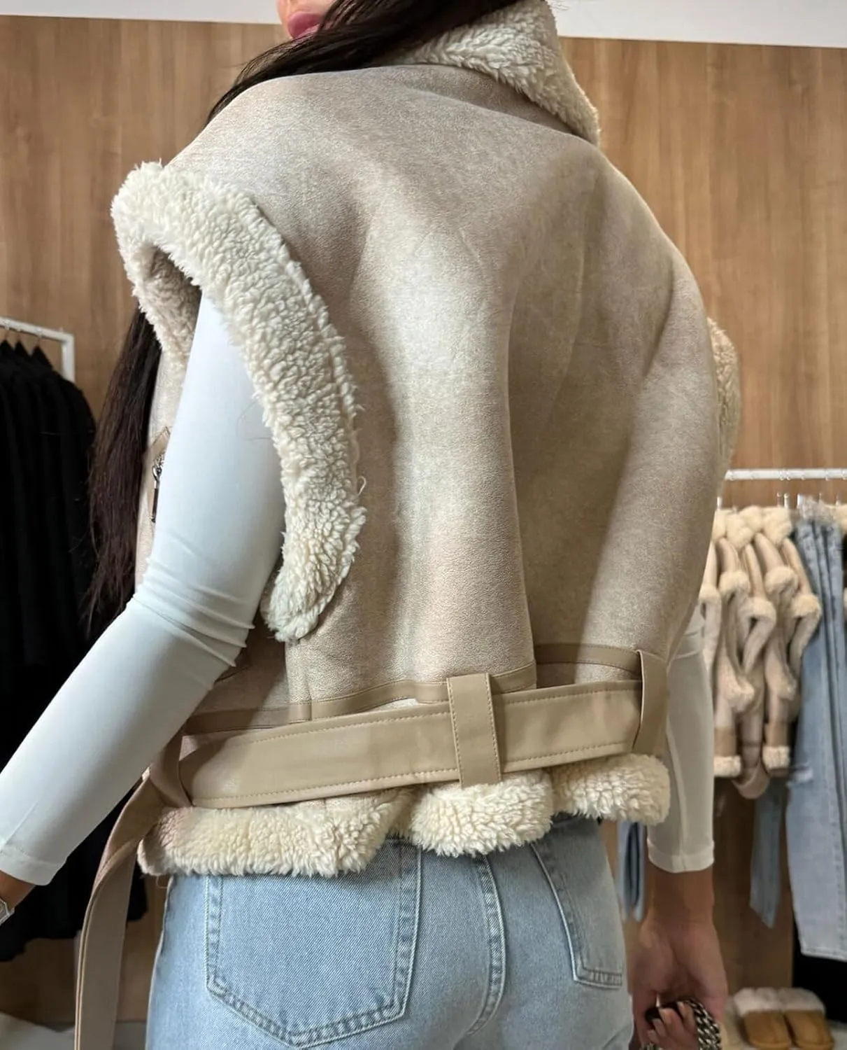 loveimgs Women Winter Sherpa Vest Faux Suede Jacket Shearling Fleece Leather Vest Sleeveless Moto Fur Coat with Belt