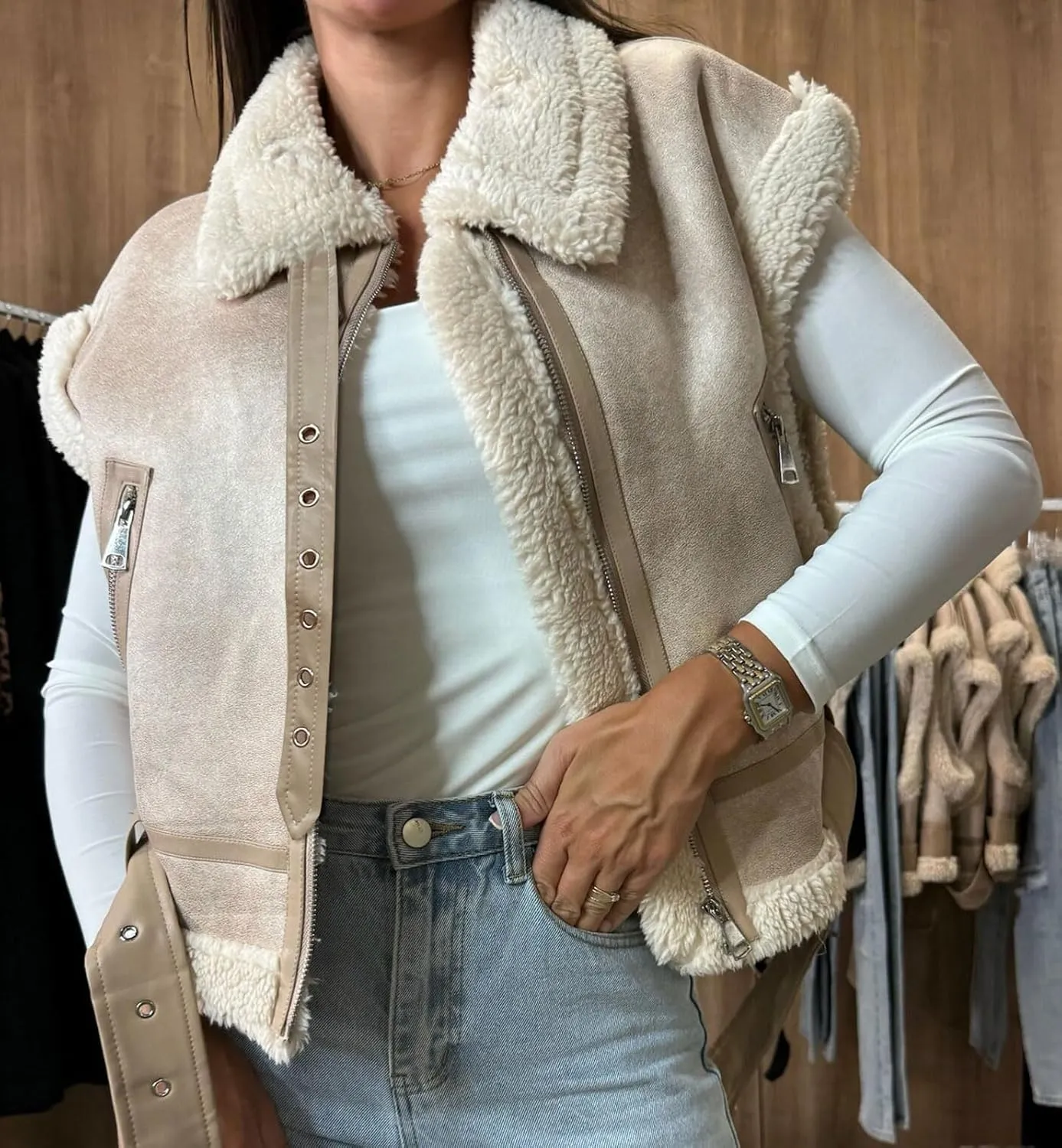 loveimgs Women Winter Sherpa Vest Faux Suede Jacket Shearling Fleece Leather Vest Sleeveless Moto Fur Coat with Belt