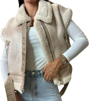 loveimgs Women Winter Sherpa Vest Faux Suede Jacket Shearling Fleece Leather Vest Sleeveless Moto Fur Coat with Belt