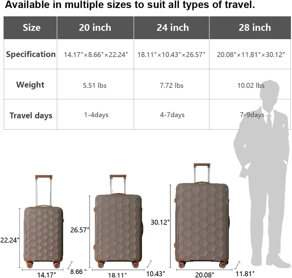 Luggage Sets 3 PieceSet Travel Lightweight Suitcases With Spinner Wheels, Tsa Lock & Moulded Corner, Carry On Luggages For Business, Trip, (20"/24"/28")(Coffee Brown)