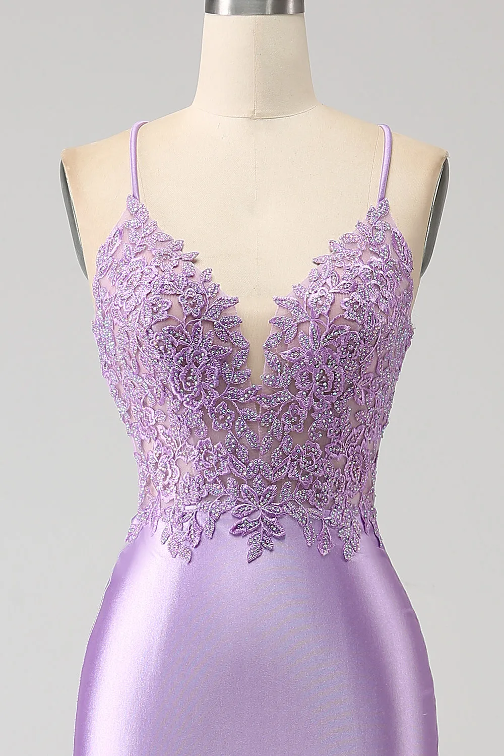 Luolandi Stylish Lilac Mermaid Spaghetti Straps Long Prom Dress with Appliques Slit Sexy Evening Dresses