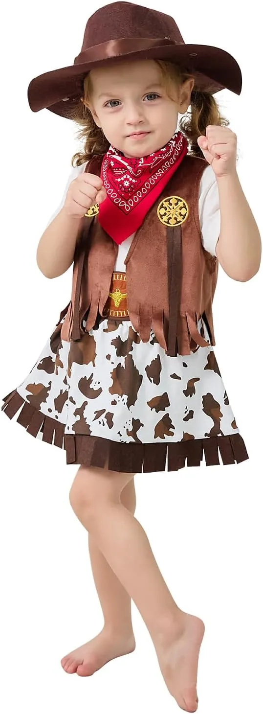 LXKIKMM Kids Cowgirl Costume Outfit Western Themed Cosplay Denim Skirt and Vest Set