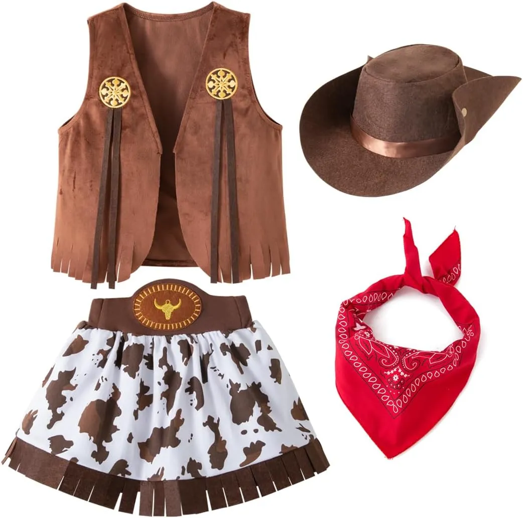 LXKIKMM Kids Cowgirl Costume Outfit Western Themed Cosplay Denim Skirt and Vest Set