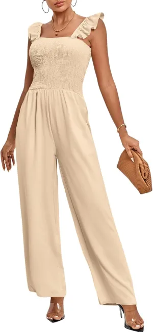 LYANER Women's Sleeveless Square Neck Shirred Ruffle Sleeve Jumpsuit Wide Leg Romper with Pockets