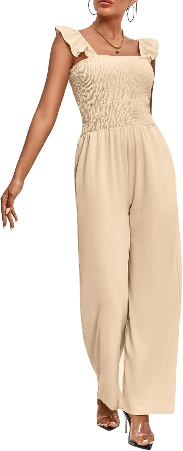 LYANER Women's Sleeveless Square Neck Shirred Ruffle Sleeve Jumpsuit Wide Leg Romper with Pockets