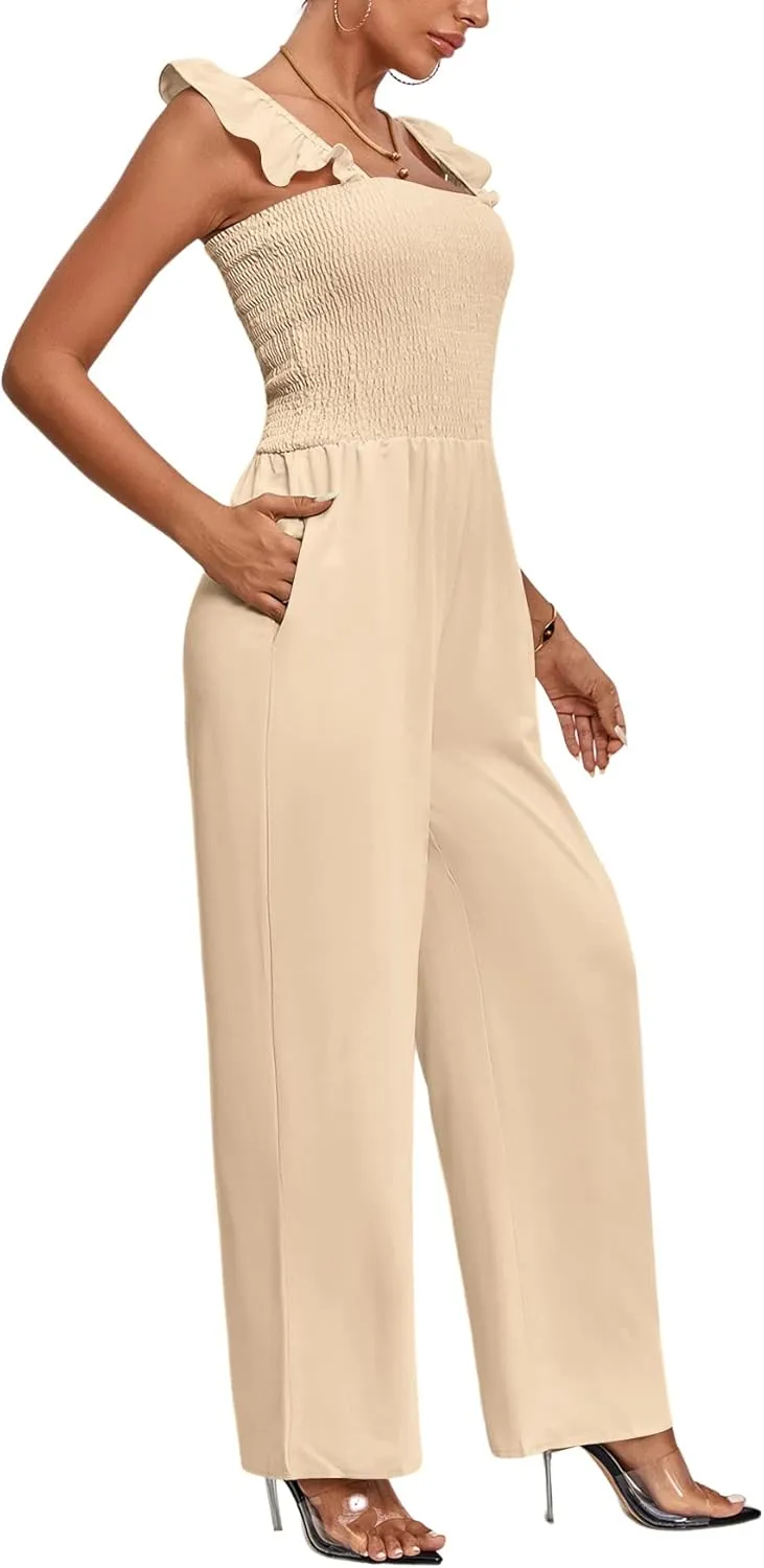 LYANER Women's Sleeveless Square Neck Shirred Ruffle Sleeve Jumpsuit Wide Leg Romper with Pockets