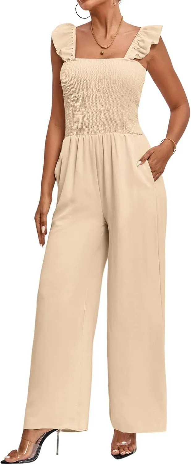 LYANER Women's Sleeveless Square Neck Shirred Ruffle Sleeve Jumpsuit Wide Leg Romper with Pockets