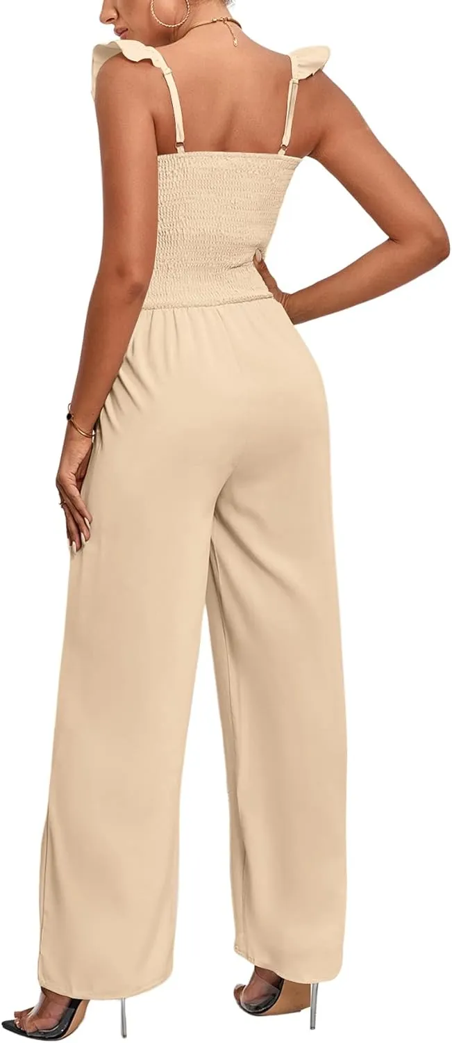 LYANER Women's Sleeveless Square Neck Shirred Ruffle Sleeve Jumpsuit Wide Leg Romper with Pockets