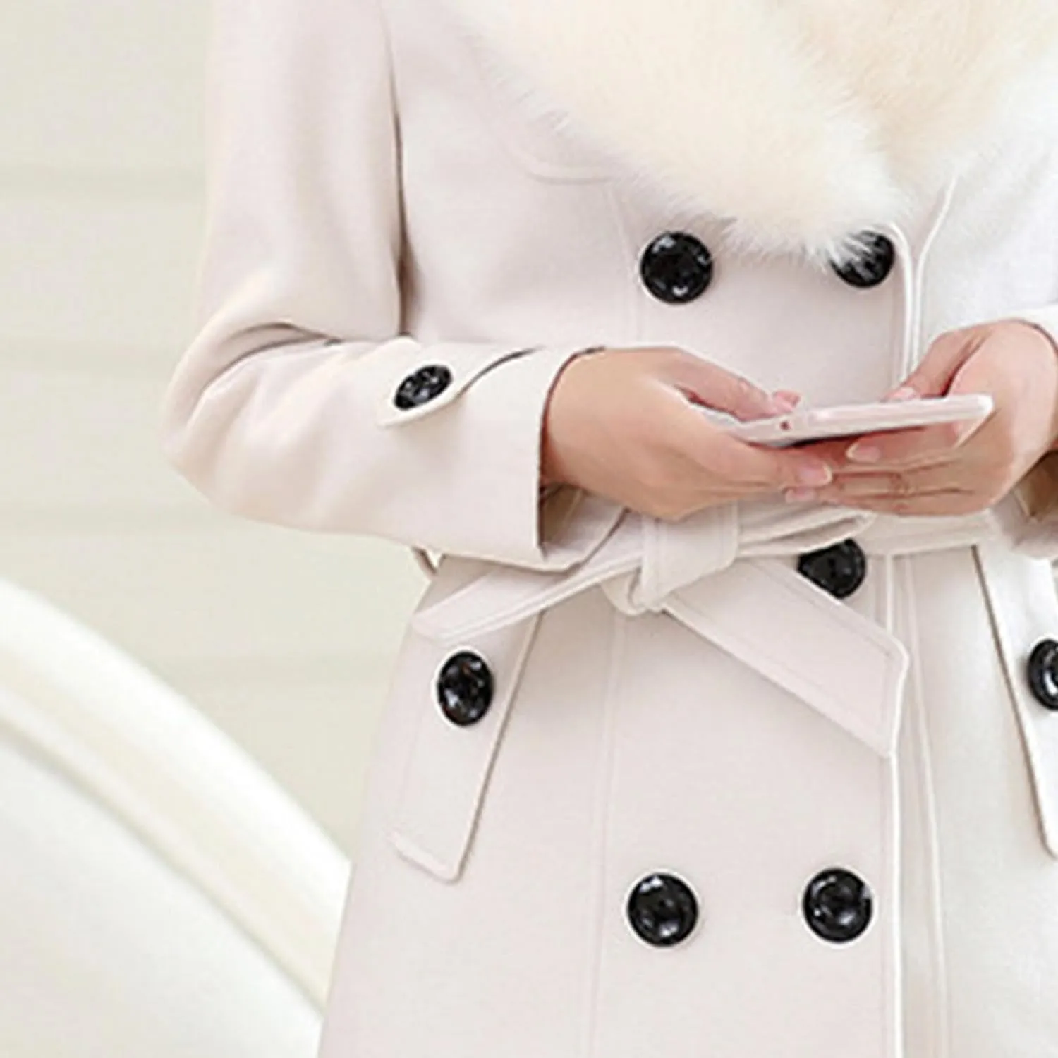 Maiyifu-GJ Women's Faux Fur Lapel Double Breasted Wool Trench Coat Winter Warm Mid-length Coat Jacket Overcoat with Belt