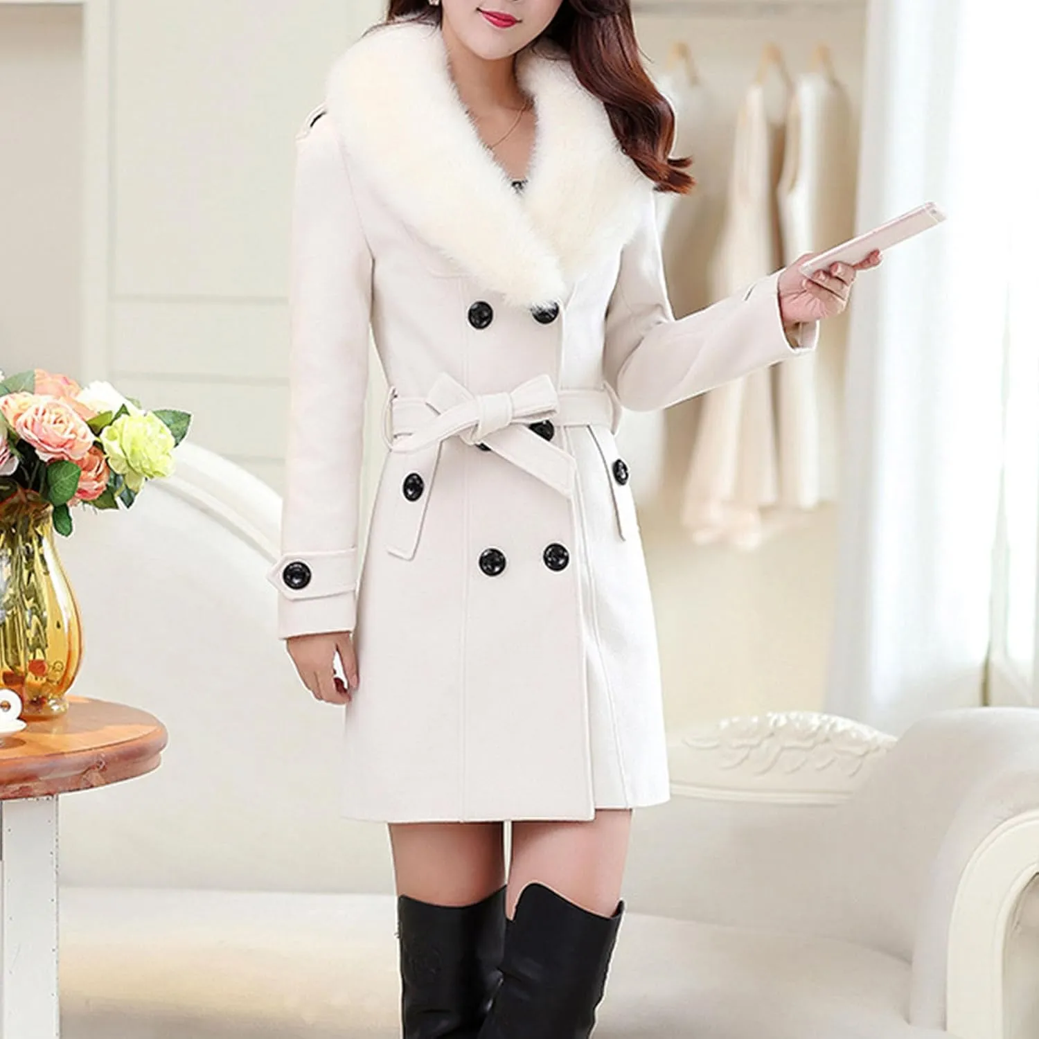Maiyifu-GJ Women's Faux Fur Lapel Double Breasted Wool Trench Coat Winter Warm Mid-length Coat Jacket Overcoat with Belt