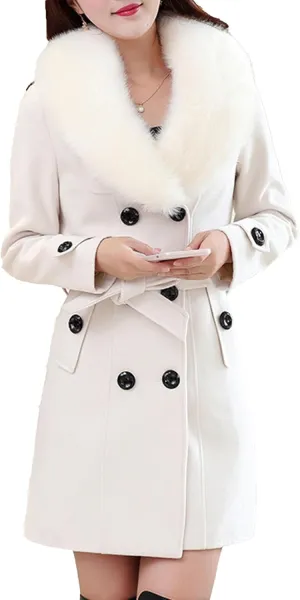 Maiyifu-GJ Women's Faux Fur Lapel Double Breasted Wool Trench Coat Winter Warm Mid-length Coat Jacket Overcoat with Belt
