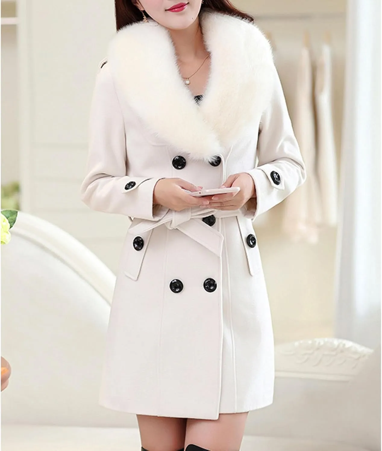 Maiyifu-GJ Women's Faux Fur Lapel Double Breasted Wool Trench Coat Winter Warm Mid-length Coat Jacket Overcoat with Belt