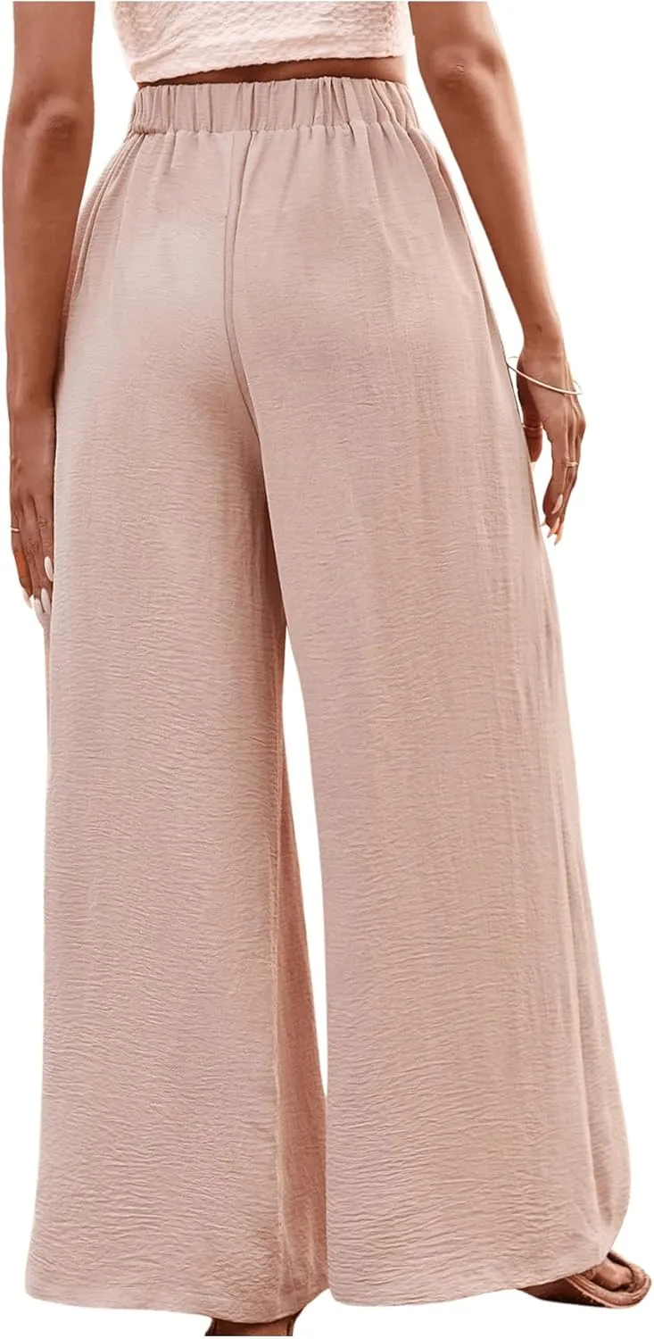 MakeMeChic Women's Casual Tummy Control Summer Wide Leg Pants Elastic High Waist Pleated Beach Pants