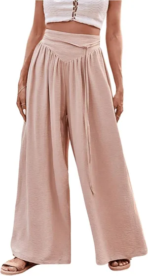 MakeMeChic Women's Casual Tummy Control Summer Wide Leg Pants Elastic High Waist Pleated Beach Pants