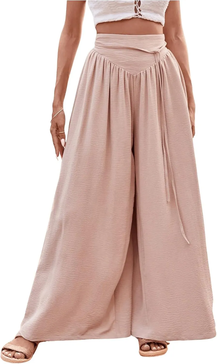MakeMeChic Women's Casual Tummy Control Summer Wide Leg Pants Elastic High Waist Pleated Beach Pants