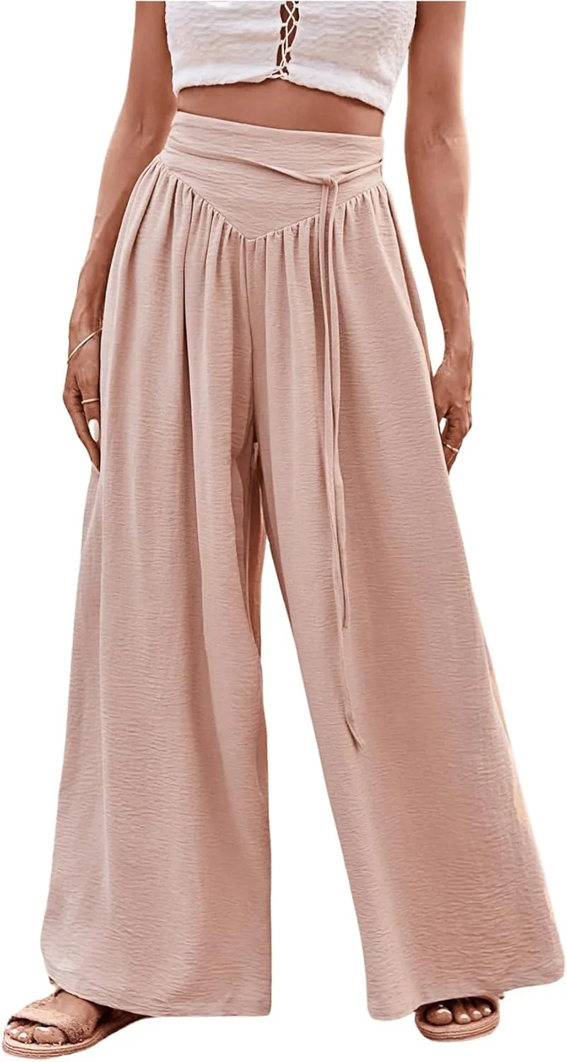 MakeMeChic Women's Casual Tummy Control Summer Wide Leg Pants Elastic High Waist Pleated Beach Pants