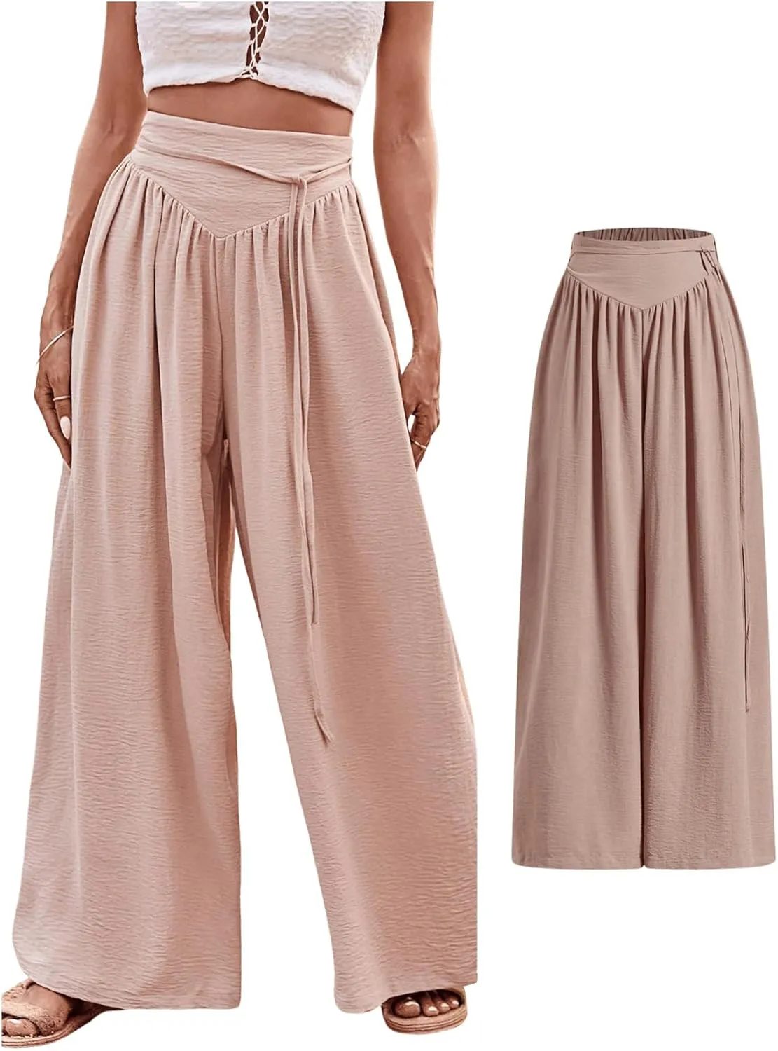 MakeMeChic Women's Casual Tummy Control Summer Wide Leg Pants Elastic High Waist Pleated Beach Pants