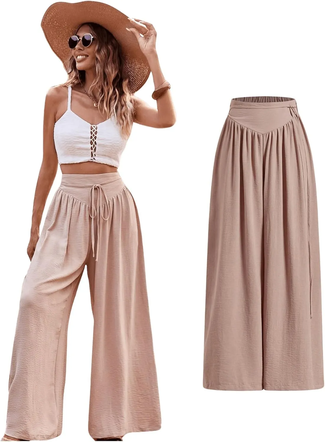 MakeMeChic Women's Casual Tummy Control Summer Wide Leg Pants Elastic High Waist Pleated Beach Pants